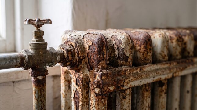 Old rusty radiator with severe corrosion, showing damaged heating pipes, aging plumbing, maintenance problems and the need for repair or replacement