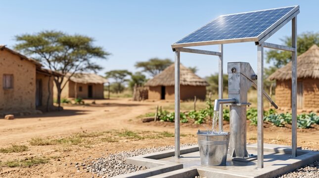 Solar powered water pump providing clean water in a rural African village, showing renewable energy, sustainable development, water access and community support