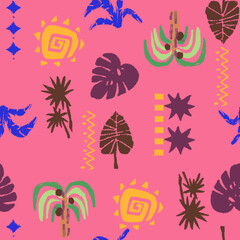 Vibrant abstract tropical foliage and sun motifs arranged in a playful seamless pattern on a bright pink background © Creativezone