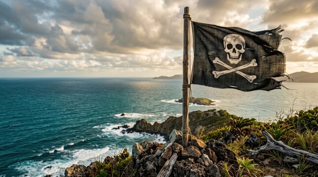 Black pirate flag with skull and crossbones flying on a rocky coast, with the ocean and dramatic sky in the background, creating a classic pirate adventure scene