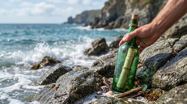 Green glass bottle with a rolled message on a rocky seashore, symbolizing pirates, adventure, treasure hunting, travel and mysterious ocean stories
