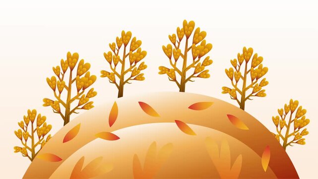 Golden autumn trees on round hill with falling leaves