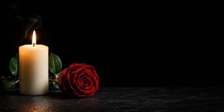 Candle and red rose on a dark background for remembrance, memorial, sympathy. Copy space for personal messages and commemorative designs
