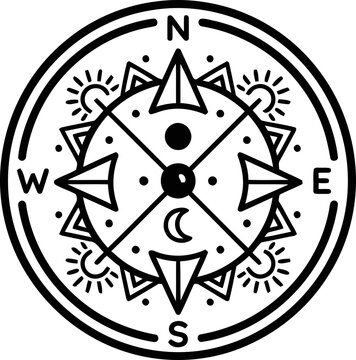 Stylized Compass Rose with Sun and Moon Symbols, North South East West Navigation Icon