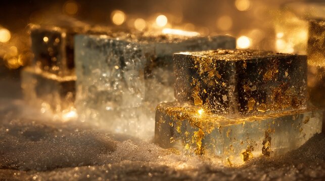 Frosted Crystal Formations with Golden Glitter and Soft Bokeh Lighting