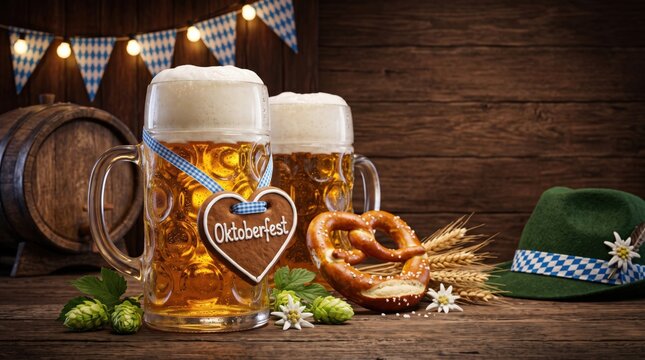 Oktoberfest beer celebration with two beer steins, pretzel, Bavarian hat and traditional decorations on a rustic wooden table