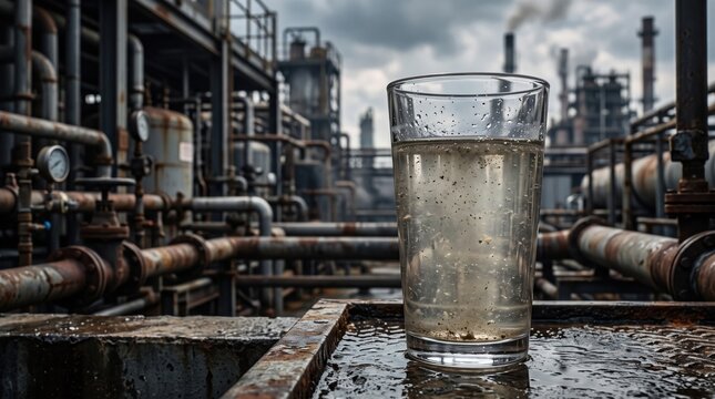 Glass of dirty water standing in front of an industrial facility, showing water pollution, contamination, environmental problems and industrial waste
