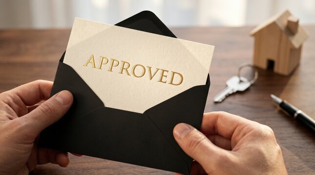 Mortgage approval letter with house key, representing an approved home loan, property purchase and home financing