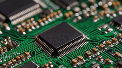 Fototapeta premium Close up of a green circuit board with microchips and electronic components
