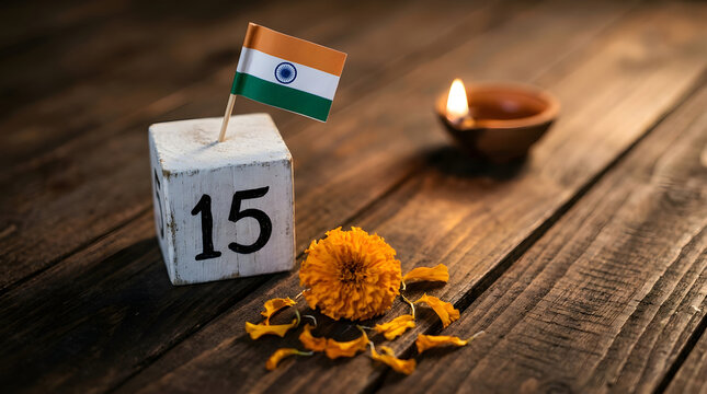 Patriotism Concept Indian Flag with Diya Lamp on Dark Wooden Surface