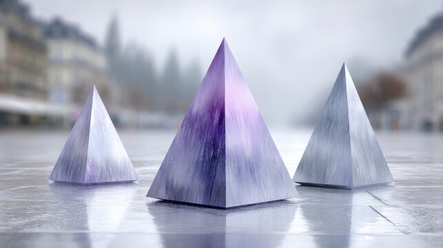 Geometric crystal pyramids with purple and gray gradients dissolving into abstract data streams