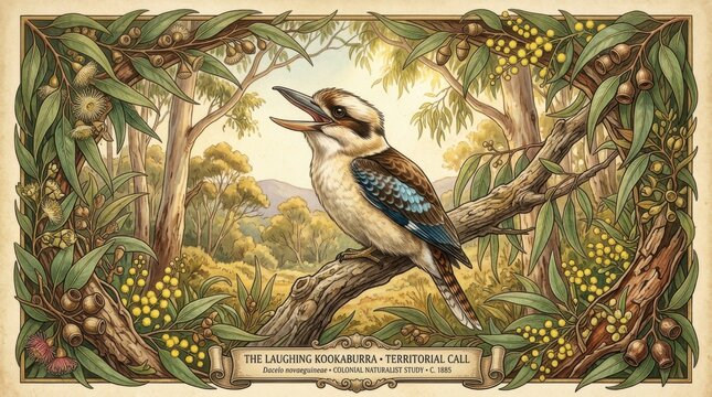 Vintage Kookaburra Bird Illustration in Decorative Botanical Frame