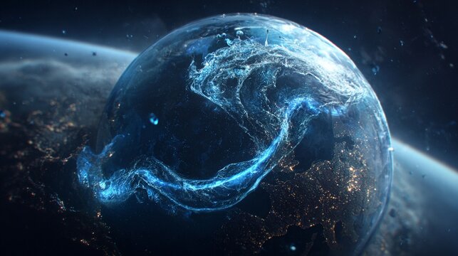 Glowing Deep Sea Blue Energy Sphere Swirling Around Earth in Cosmic Space