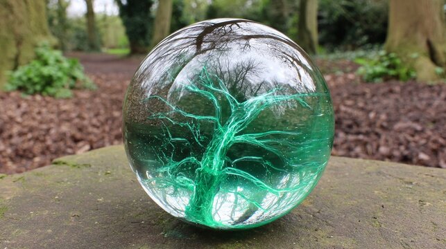Glowing Emerald Energy Sphere With Intricate Tree Roots and Branches Reflecting Outdoor Forest Scene