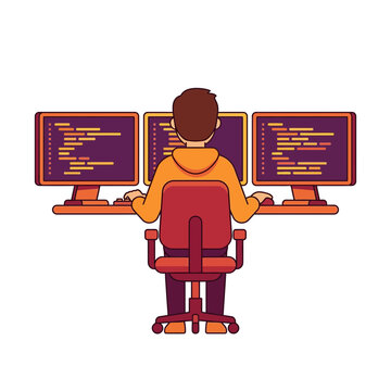 Software developer writing code on multiple monitors sitting at desk