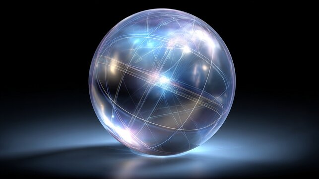 Glowing transparent energy sphere with intricate geometric light patterns and brilliant luminescence, perfect for futuristic design concepts.