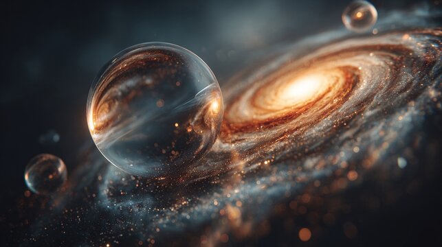 Holographic Sphere Reflecting a Swirling Galaxy in Deep Space, Cosmic Visualization