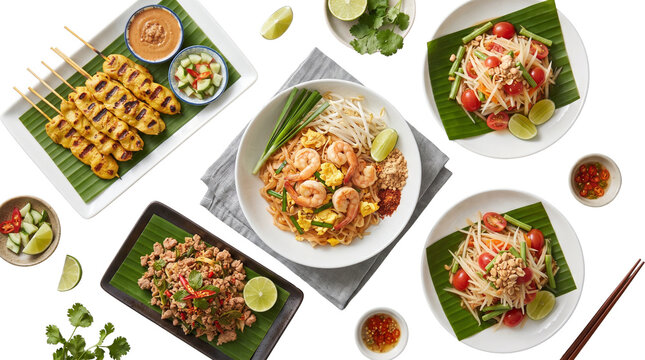 Thai food collection with pad thai and chicken satay, traditional asian cuisine assortment, spicy papaya salad and minced meat larb isolated PNG with Transparent Background