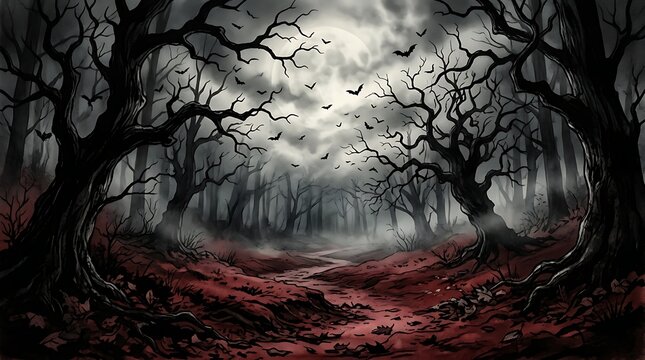 Spooky dark forest with bare trees and flying bats at night