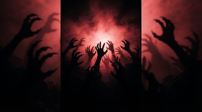 Scary zombie hands reaching out in the dark red fog for halloween