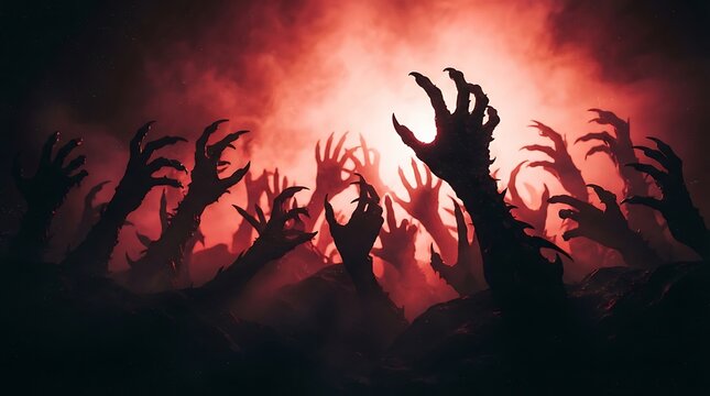 Many scary zombie hands reaching up in a dark red glowing light