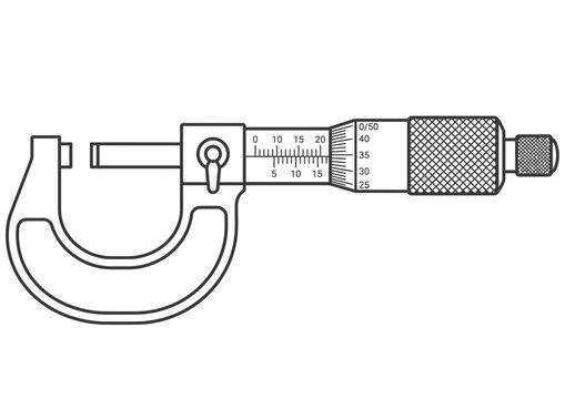 Black and white line drawing of a precision micrometer measurement tool.