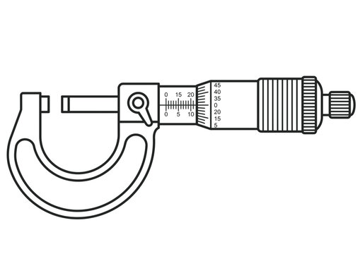 A black and white line art illustration of a precision micrometer tool.