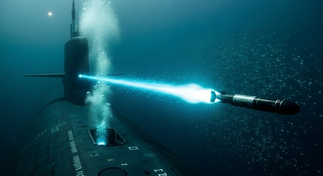 Submarine launching torpedo underwater. Military vessel firing weapon from tube. Underwater combat warfare scene. Strategic naval operation and advanced technological heavy armament display.