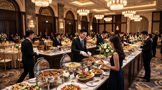 Professional waiters serving luxury buffet at an elegant gala dinner event in a ballroom