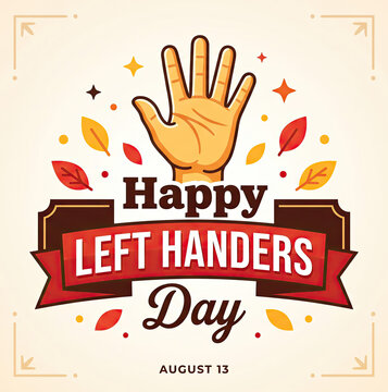 Happy left handers day greeting card design with a hand illustration and colorful autumn leaves
