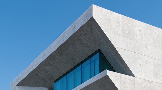 Modern architecture facade with geometric angles and blue glass windows under clear sky