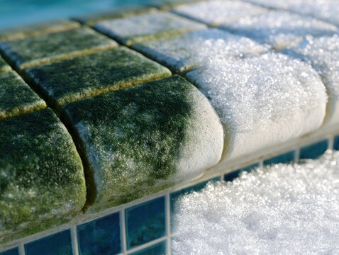 Close up of frosty pool tiles with green algae and white snow contrast
