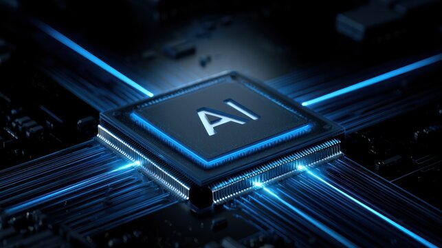 Close up of ai microchip with glowing blue circuits on black background technology concept