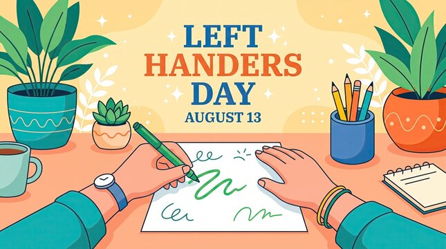 Illustration of a person writing with their left hand on a desk for left handers day