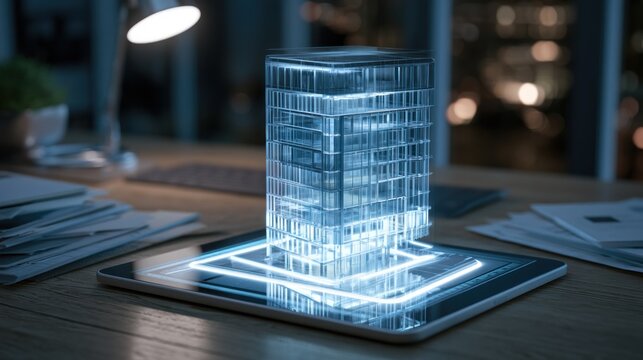 Holographic building model projected from tablet on office desk at night