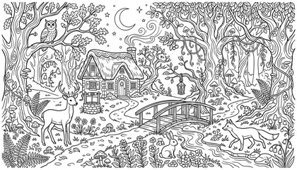 Obraz premium Enchanted Forest Coloring Page with Woodland Cottage Bridge Trees and Nature