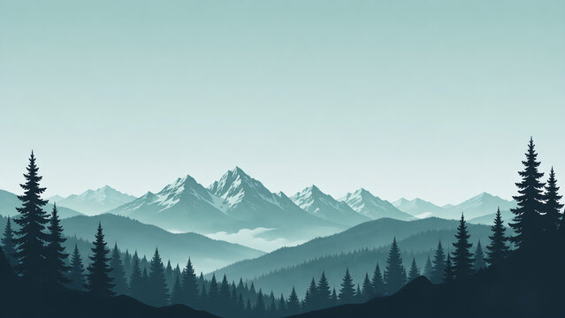 Monochrome winter pine forest landscape vector illustration with fog and mountain silhouette