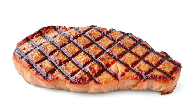 A perfectly grilled piece of pork steak featuring distinct and appetizing dark charred grill marks