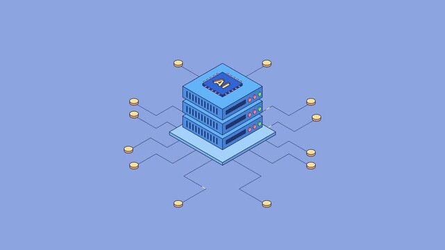 Isometric illustration of a server stack with an AI symbol, connected by a network of nodes and lines, representing artificial intelligence and data processing.