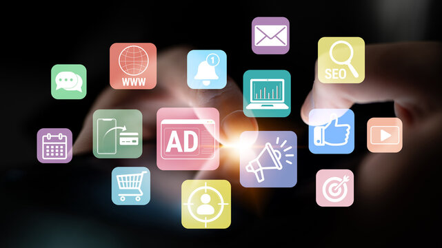 Colorful Digital Marketing Icons Representing Advertising, Social Media, SEO, and Online Engagement with Hands Reaching for the Future Fluxor.