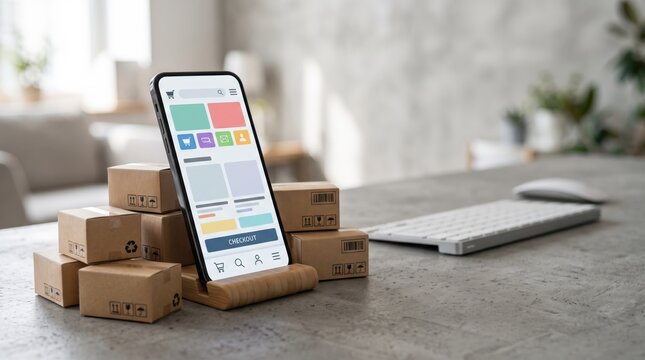 Smartphone displaying online shopping app interface with checkout button surrounded by cardboard delivery boxes on home desk, representing e-commerce retail business