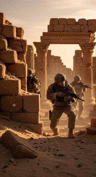 Soldiers with rifle patrolling ruins of ancient temple. Group of military man in combat gear during mission in desert environment. Dangerous tactical operation and combat zone warfare.