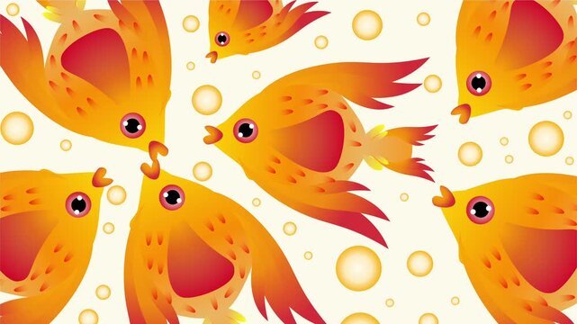 Cute cartoon stylized orange birds flying in bubbly pattern