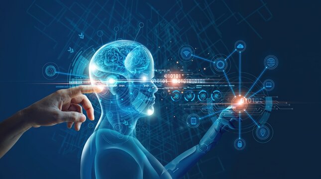 Futuristic artificial intelligence showing human hand touching a glowing digital brain inside a robot head, binary code data streams and network connection nodes in