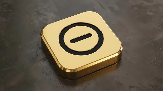 Gold metallic button with minus symbol on dark surface