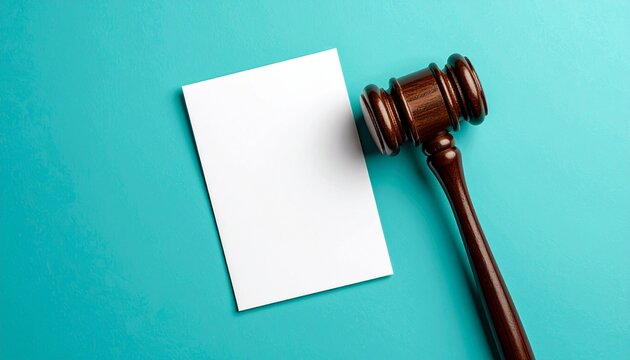 Wooden judge gavel with blank white paper on cyan turquoise background law concept
