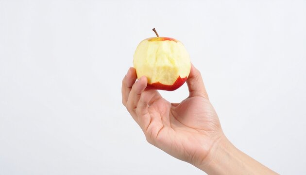 Hand holding peeled red apple with bite mark isolated on white background