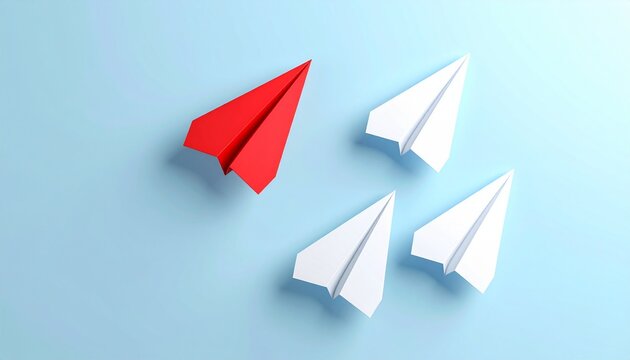 Red paper airplane leading group of white paper planes flat lay business leadership concept