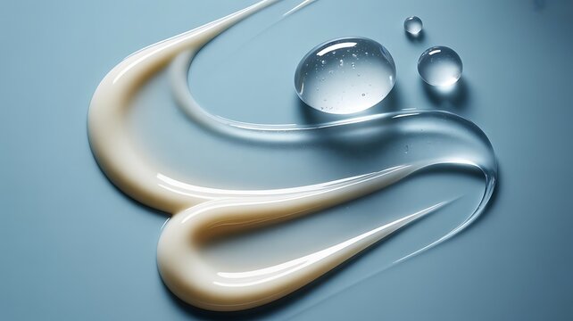 Close up of cosmetic cream and clear gel swirls on a smooth blue surface with droplets of water representing skincare and beauty product texture