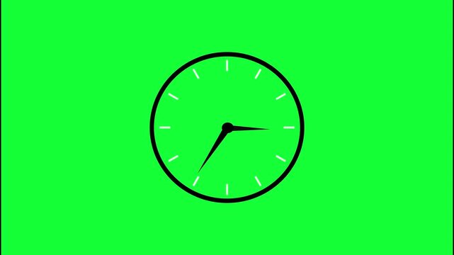 Minimalist analog clock face spinning fast on green screen background, for chroma key compositing